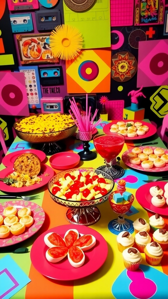A festive 80s themed dinner table with neon decorations and a variety of colorful dishes.